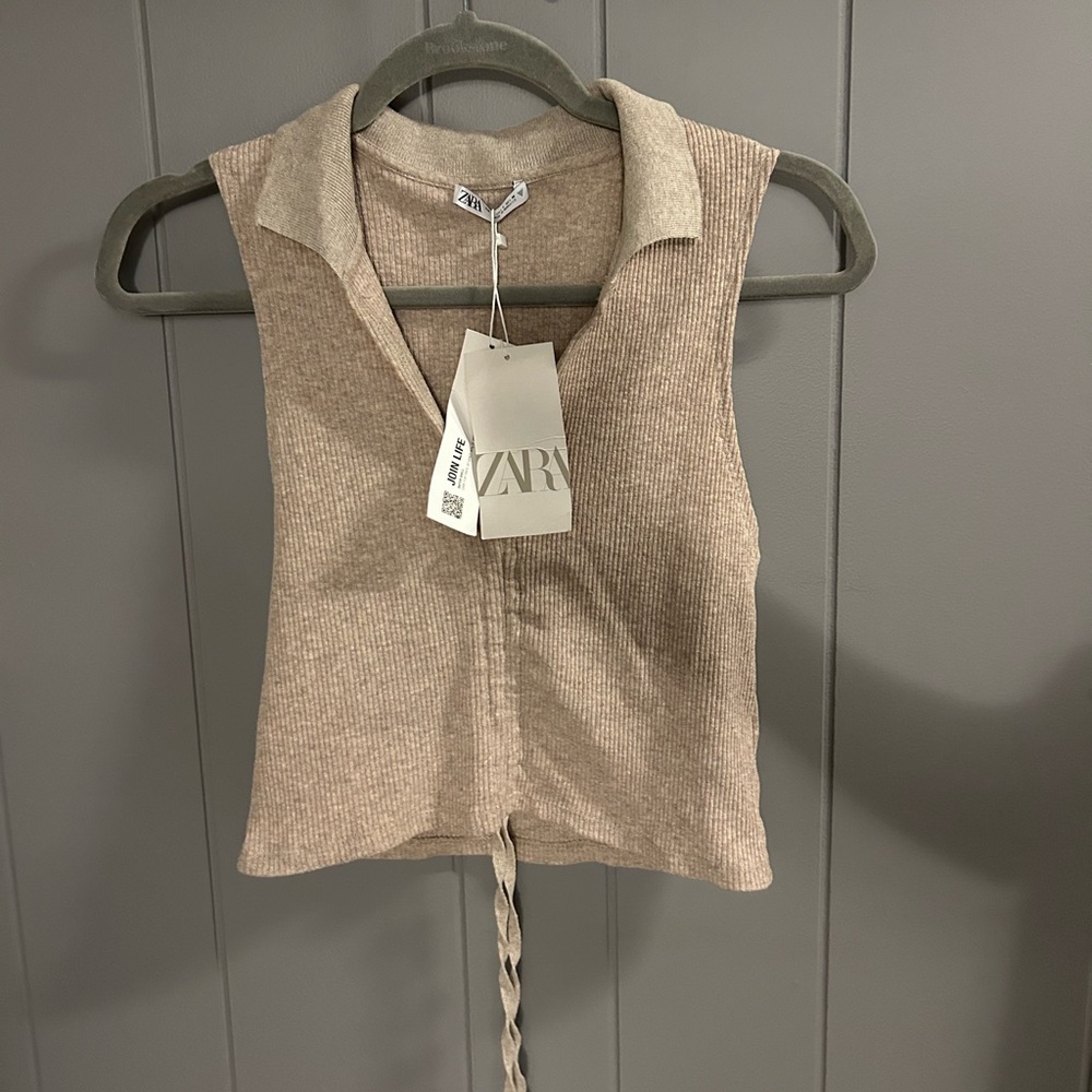 Zara Beige Ribbed Sleeveless Collared Top